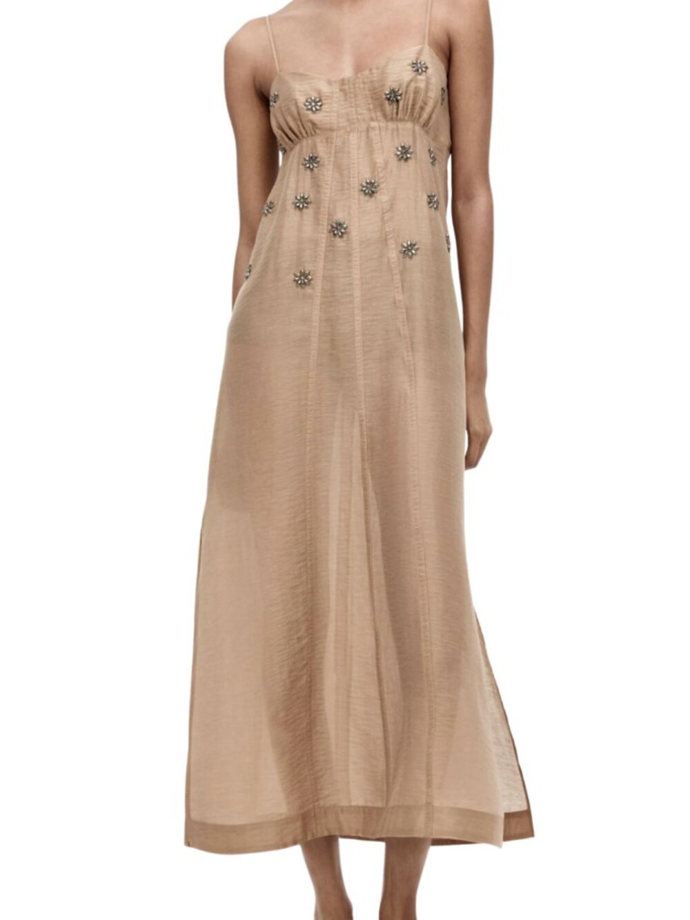 H&M Edition Embellished Sheer Midi Dress Dark Beige Size 8 NWT Sold Out